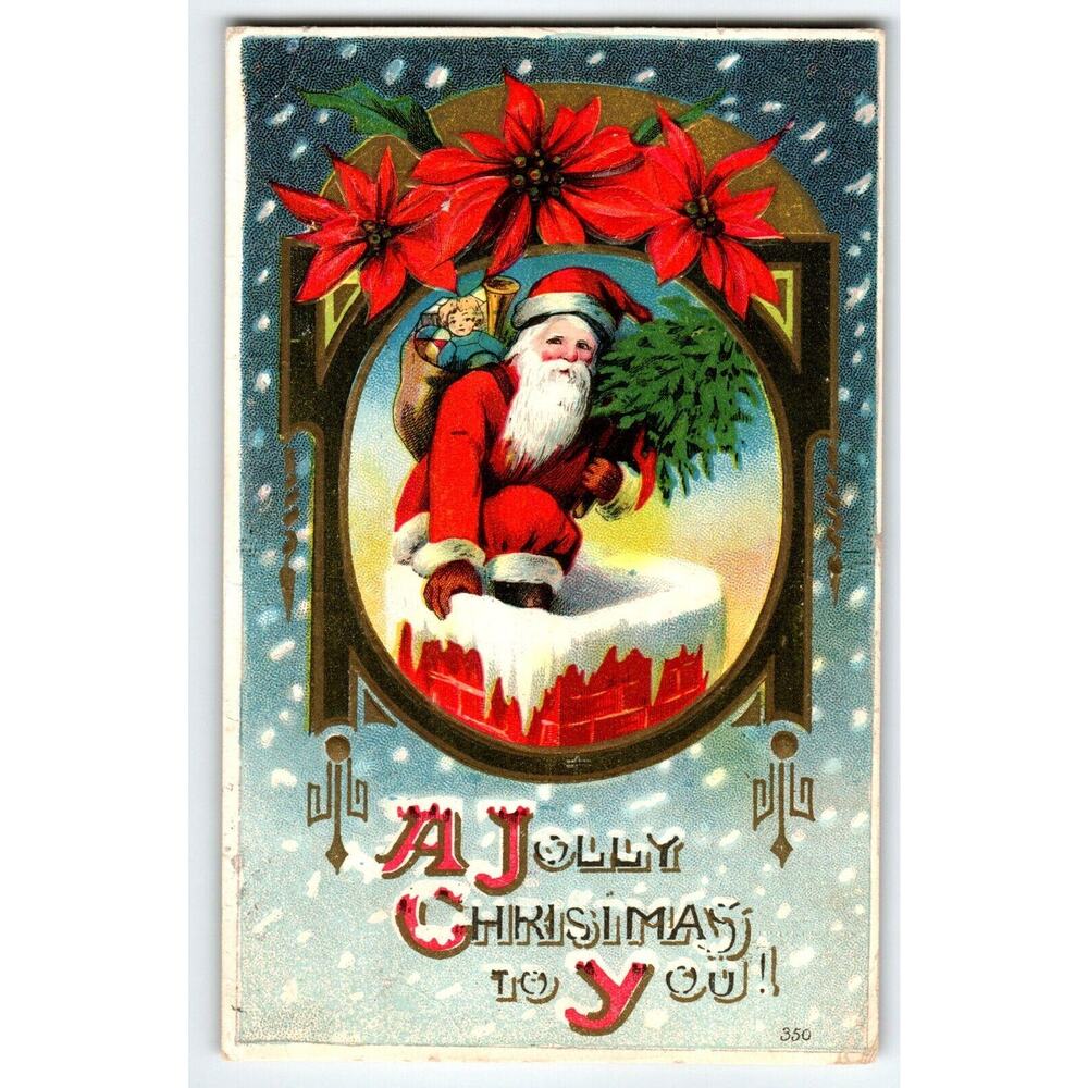 Santa Claus Christmas Postcard Saint Nick Goes Down The Chimney Top Vintage